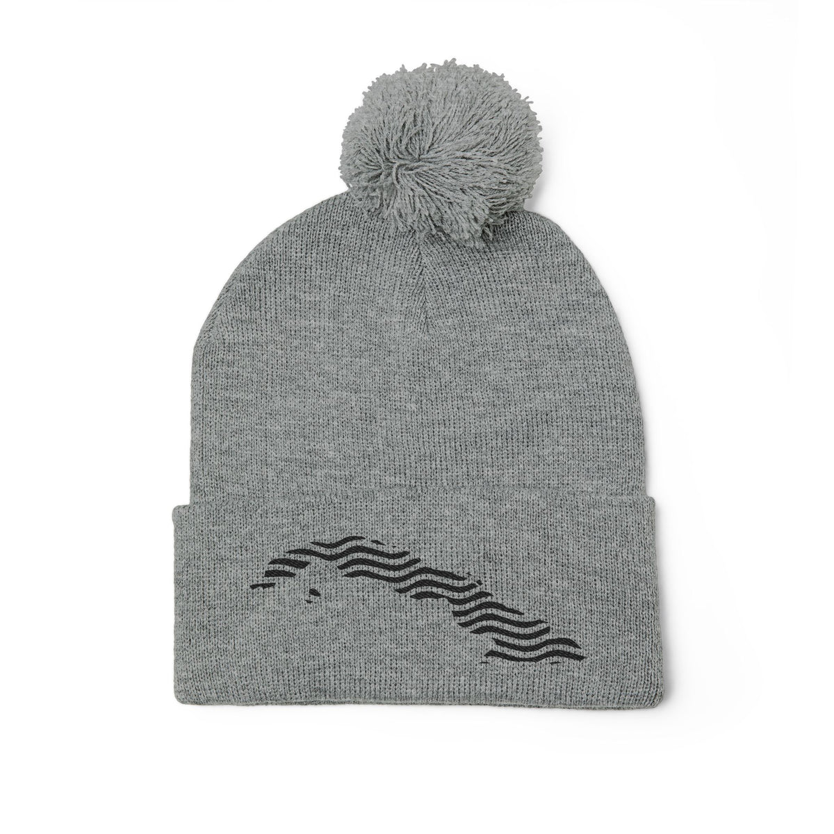 Embroidered Pom-Pom Knit Beanie — Gray Winter Hat with Subtle Wave Stitch
