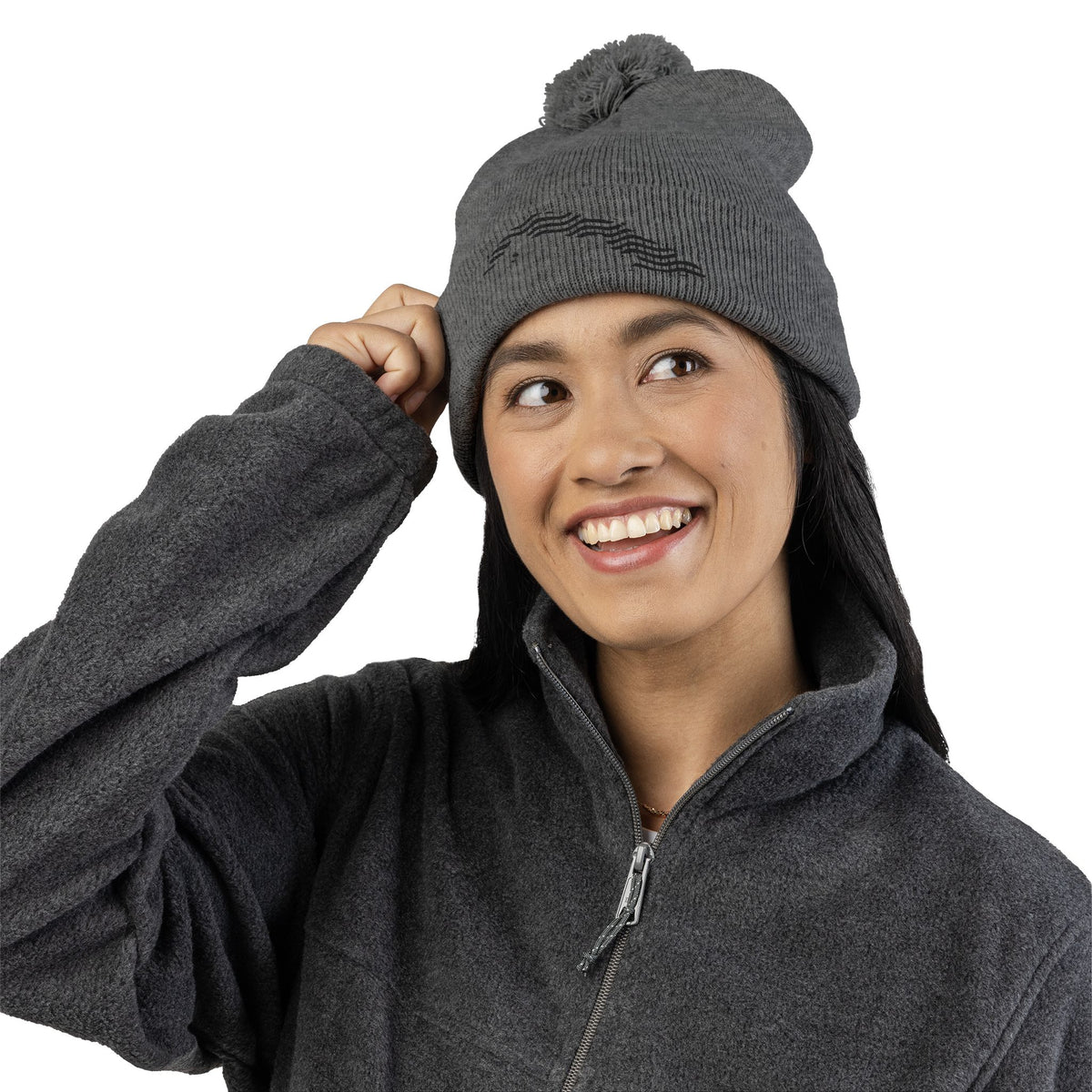 Embroidered Pom-Pom Knit Beanie — Gray Winter Hat with Subtle Wave Stitch