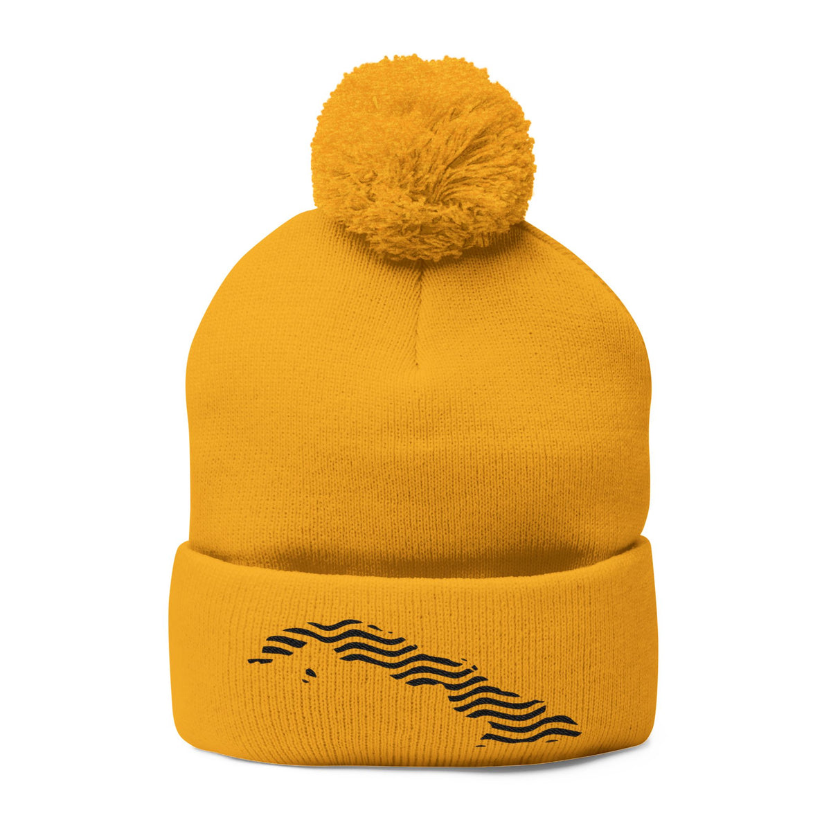 Embroidered Pom-Pom Knit Beanie — Gray Winter Hat with Subtle Wave Stitch