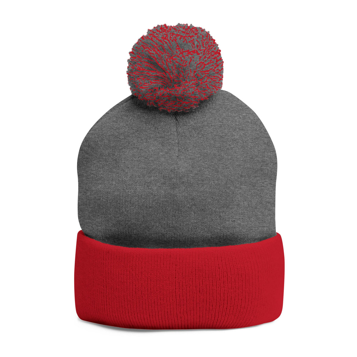 Embroidered Pom-Pom Knit Beanie — Gray Winter Hat with Subtle Wave Stitch
