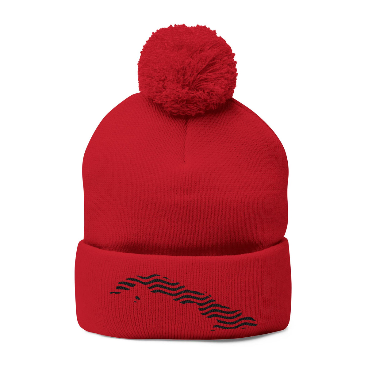 Embroidered Pom-Pom Knit Beanie — Gray Winter Hat with Subtle Wave Stitch
