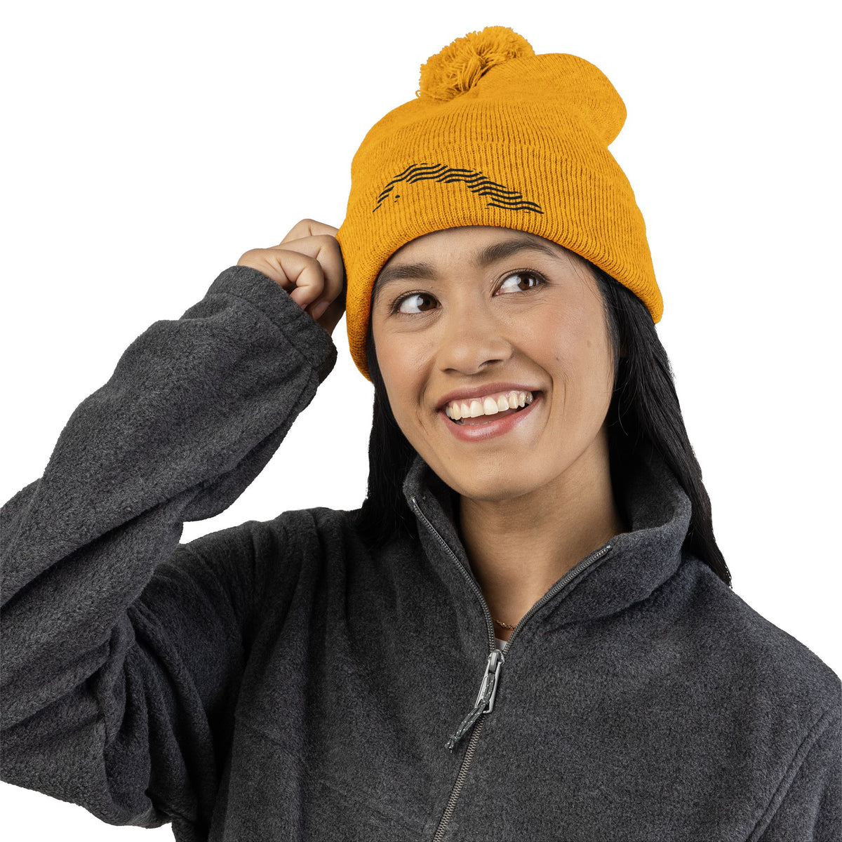 Embroidered Pom-Pom Knit Beanie — Gray Winter Hat with Subtle Wave Stitch