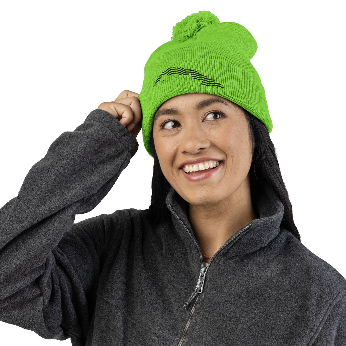 Embroidered Pom-Pom Knit Beanie — Gray Winter Hat with Subtle Wave Stitch