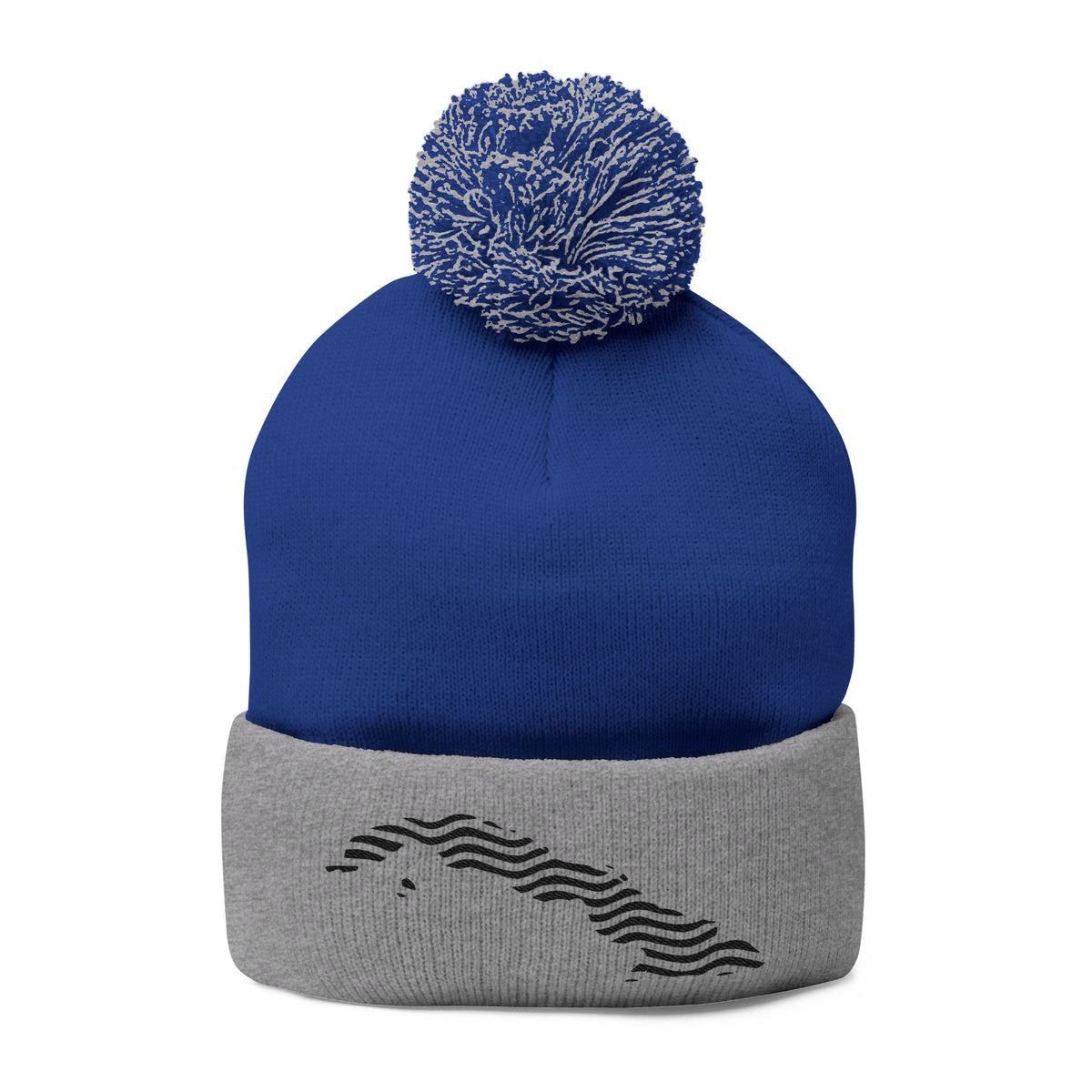 Embroidered Pom-Pom Knit Beanie — Gray Winter Hat with Subtle Wave Stitch