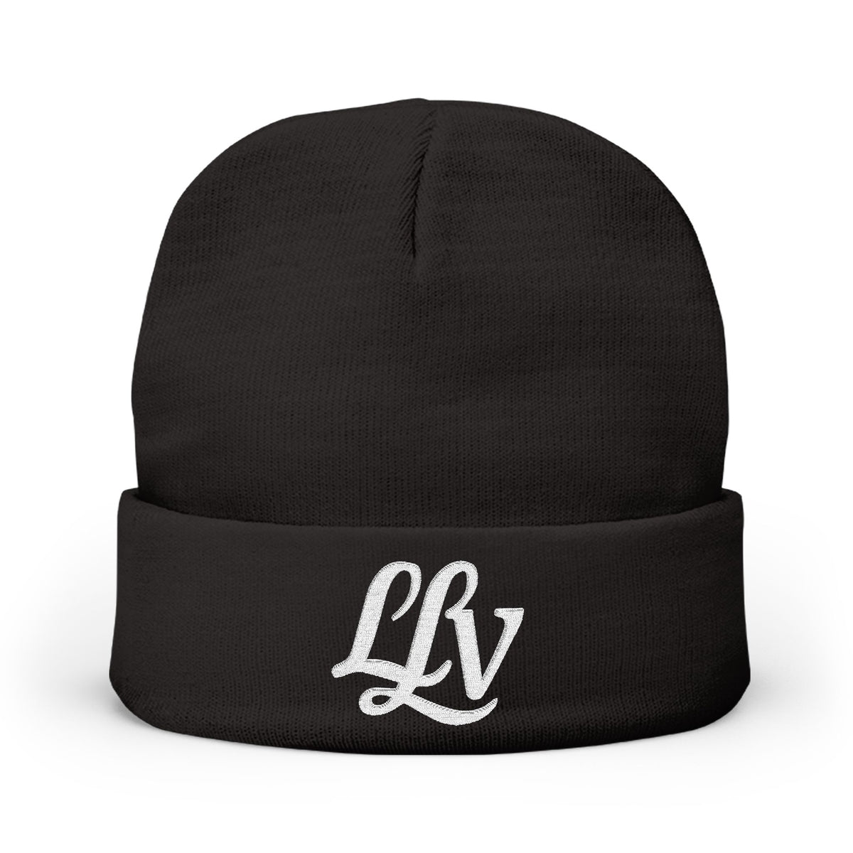 Embroidered LLV Knit Beanie – Cozy Black Cuffed Winter Hat