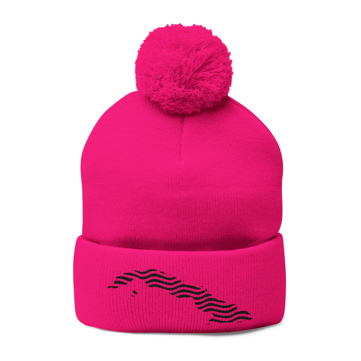 Embroidered Pom-Pom Knit Beanie — Gray Winter Hat with Subtle Wave Stitch