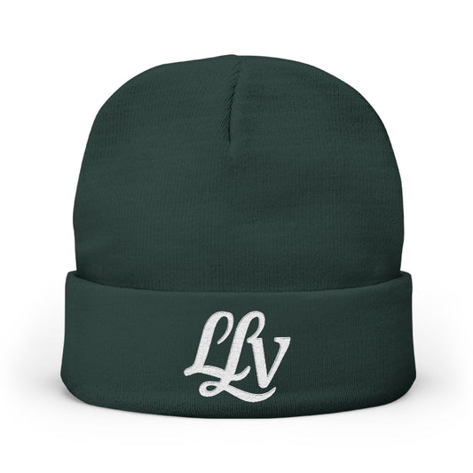Embroidered LLV Knit Beanie – Cozy Black Cuffed Winter Hat