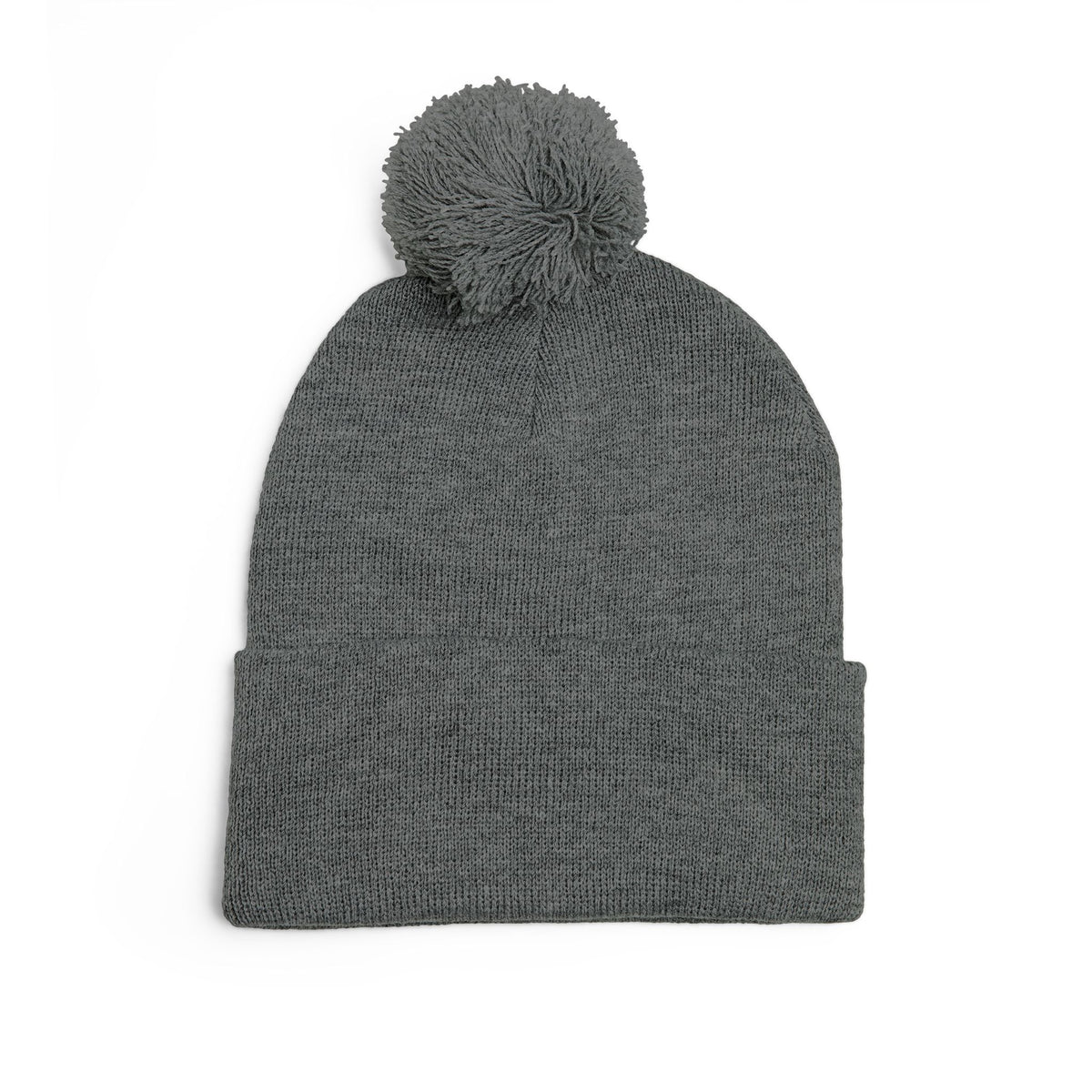 Embroidered Pom-Pom Knit Beanie — Gray Winter Hat with Subtle Wave Stitch