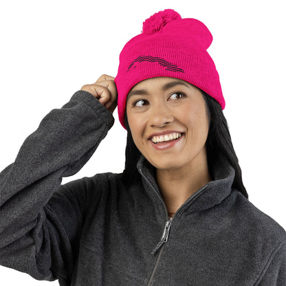 Embroidered Pom-Pom Knit Beanie — Gray Winter Hat with Subtle Wave Stitch
