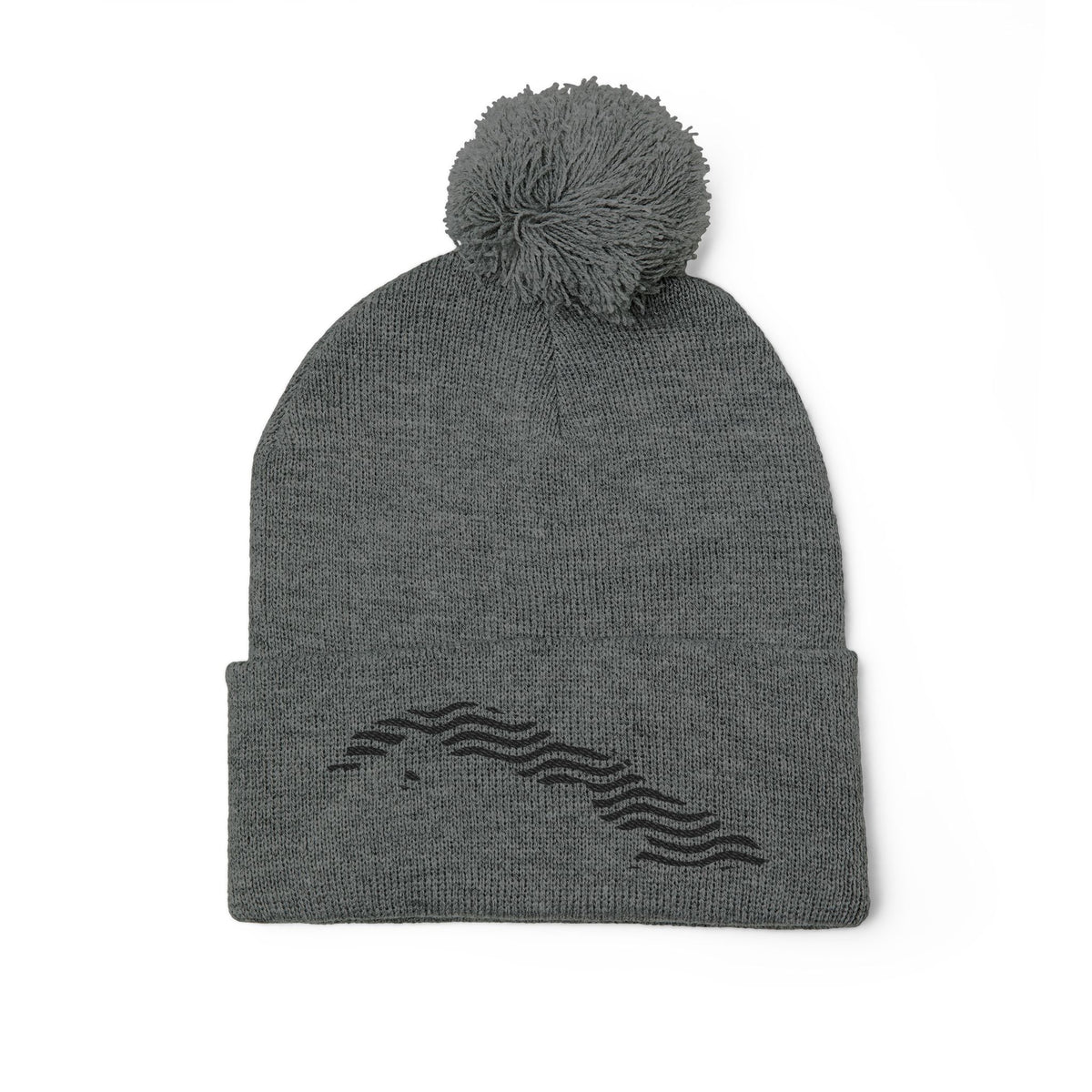 Embroidered Pom-Pom Knit Beanie — Gray Winter Hat with Subtle Wave Stitch