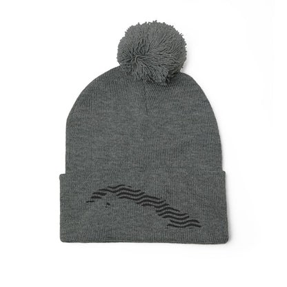 Embroidered Pom-Pom Knit Beanie — Gray Winter Hat with Subtle Wave Stitch