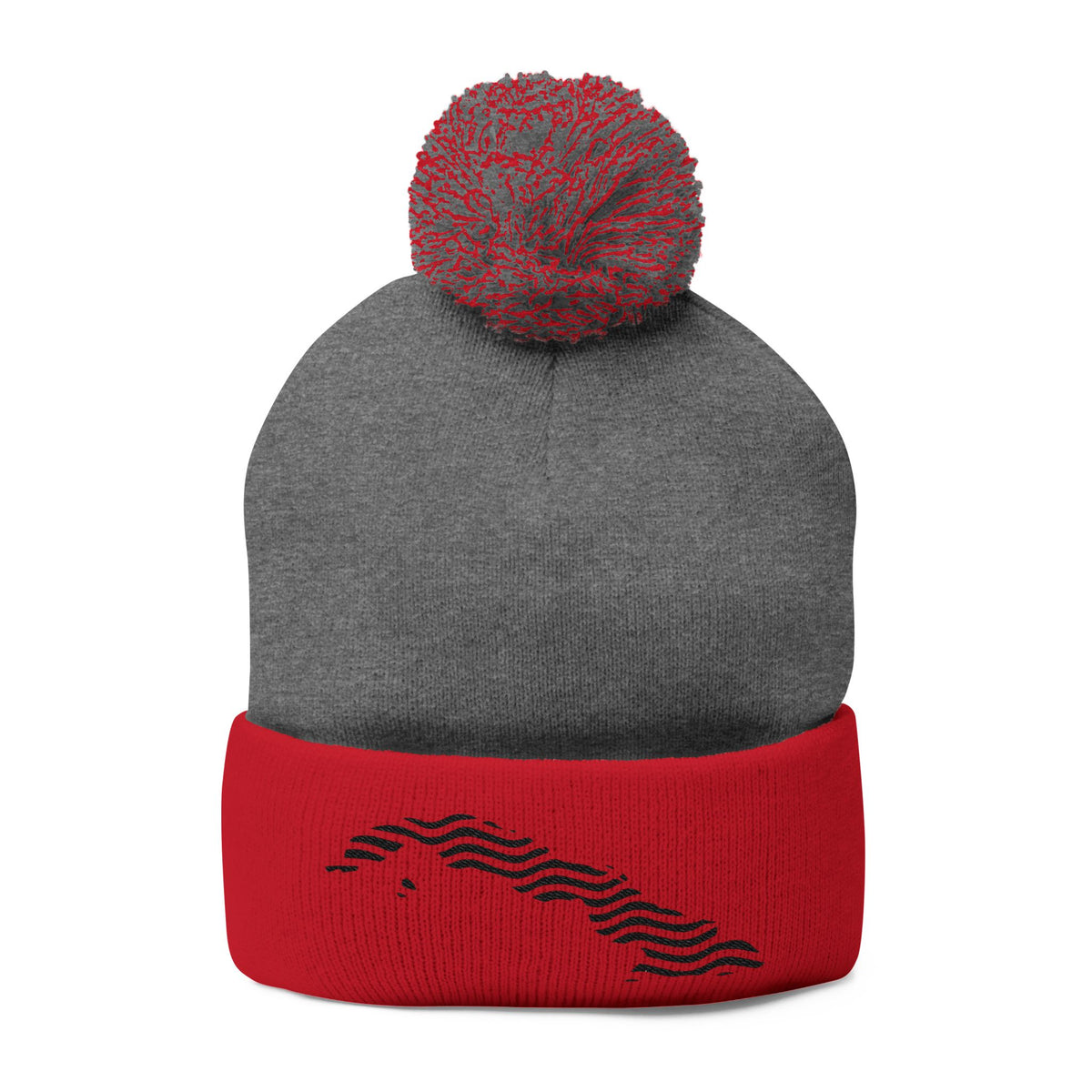 Embroidered Pom-Pom Knit Beanie — Gray Winter Hat with Subtle Wave Stitch