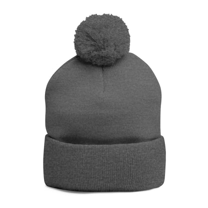 Embroidered Pom-Pom Knit Beanie — Gray Winter Hat with Subtle Wave Stitch
