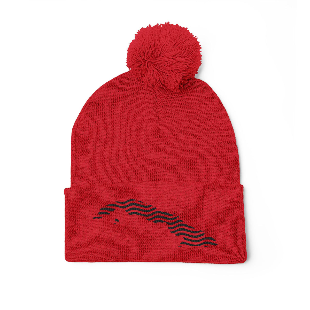 Embroidered Pom-Pom Knit Beanie — Gray Winter Hat with Subtle Wave Stitch