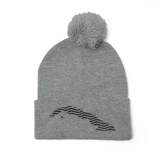 Embroidered Pom-Pom Knit Beanie — Gray Winter Hat with Subtle Wave Stitch