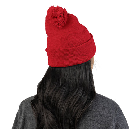 Embroidered Pom-Pom Knit Beanie — Gray Winter Hat with Subtle Wave Stitch