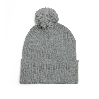 Embroidered Pom-Pom Knit Beanie — Gray Winter Hat with Subtle Wave Stitch
