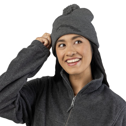 Embroidered Pom-Pom Knit Beanie — Gray Winter Hat with Subtle Wave Stitch