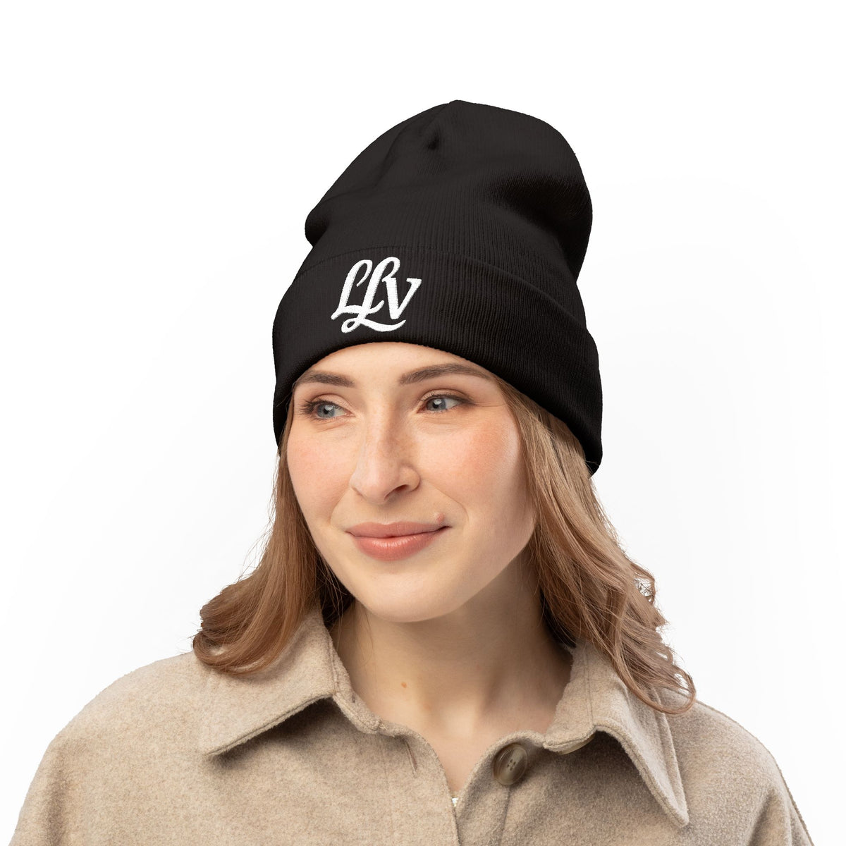 Embroidered LLV Knit Beanie – Cozy Black Cuffed Winter Hat