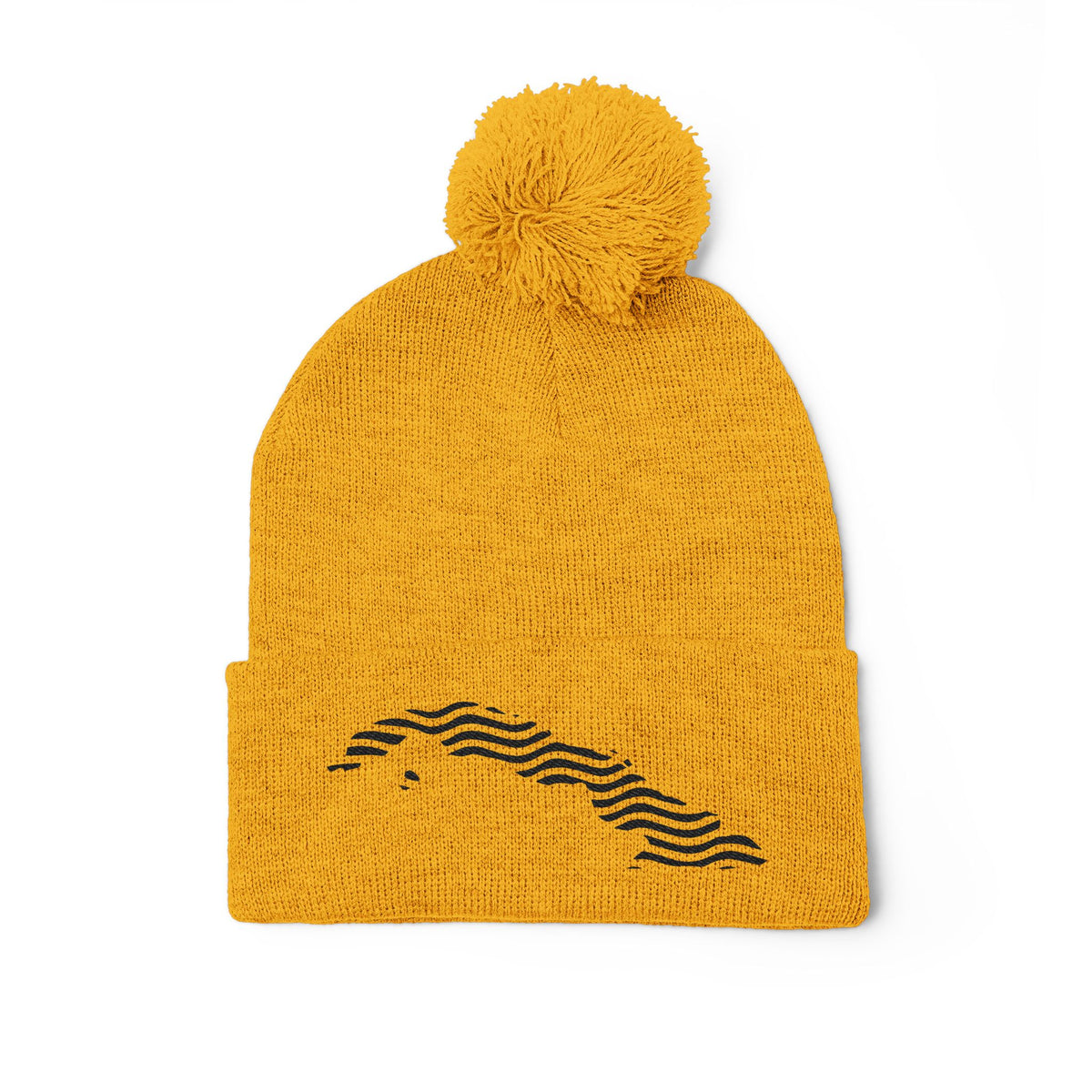 Embroidered Pom-Pom Knit Beanie — Gray Winter Hat with Subtle Wave Stitch
