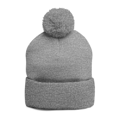 Embroidered Pom-Pom Knit Beanie — Gray Winter Hat with Subtle Wave Stitch