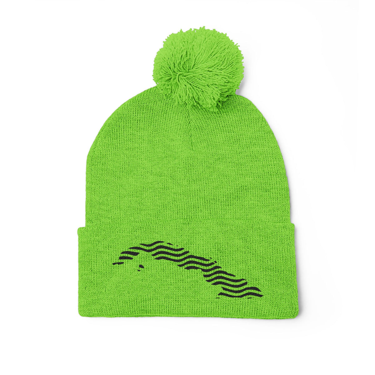 Embroidered Pom-Pom Knit Beanie — Gray Winter Hat with Subtle Wave Stitch