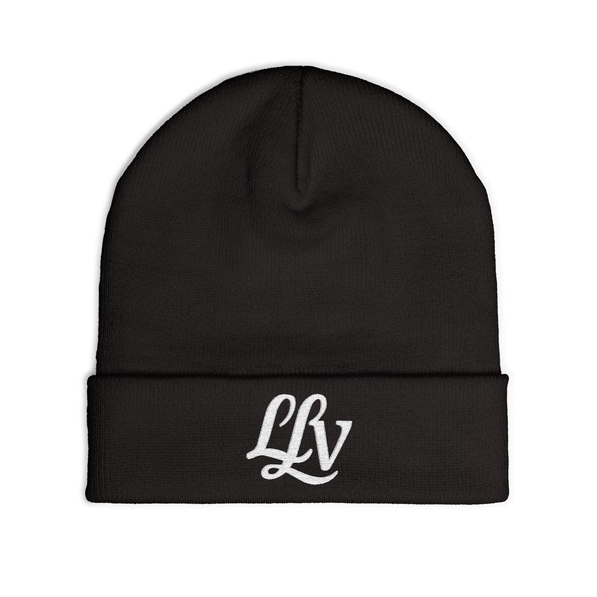 Embroidered LLV Knit Beanie – Cozy Black Cuffed Winter Hat