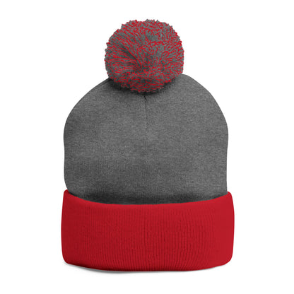 Embroidered Pom-Pom Knit Beanie — Gray Winter Hat with Subtle Wave Stitch