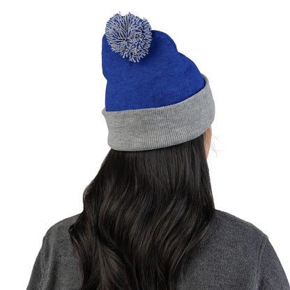 Embroidered Pom-Pom Knit Beanie — Gray Winter Hat with Subtle Wave Stitch