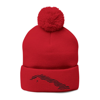 Embroidered Pom-Pom Knit Beanie — Gray Winter Hat with Subtle Wave Stitch