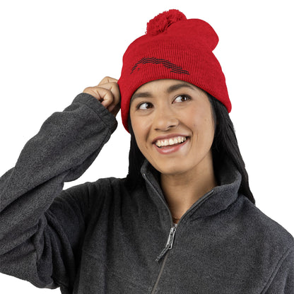 Embroidered Pom-Pom Knit Beanie — Gray Winter Hat with Subtle Wave Stitch