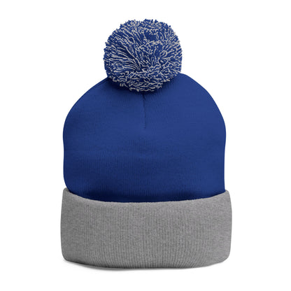 Embroidered Pom-Pom Knit Beanie — Gray Winter Hat with Subtle Wave Stitch