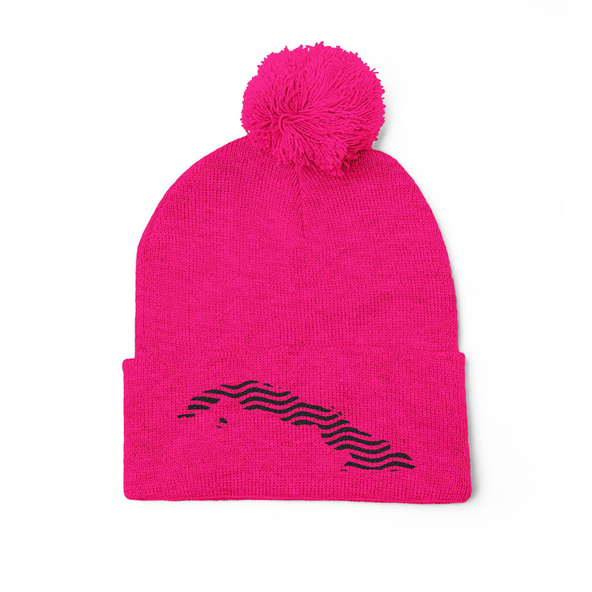 Embroidered Pom-Pom Knit Beanie — Gray Winter Hat with Subtle Wave Stitch