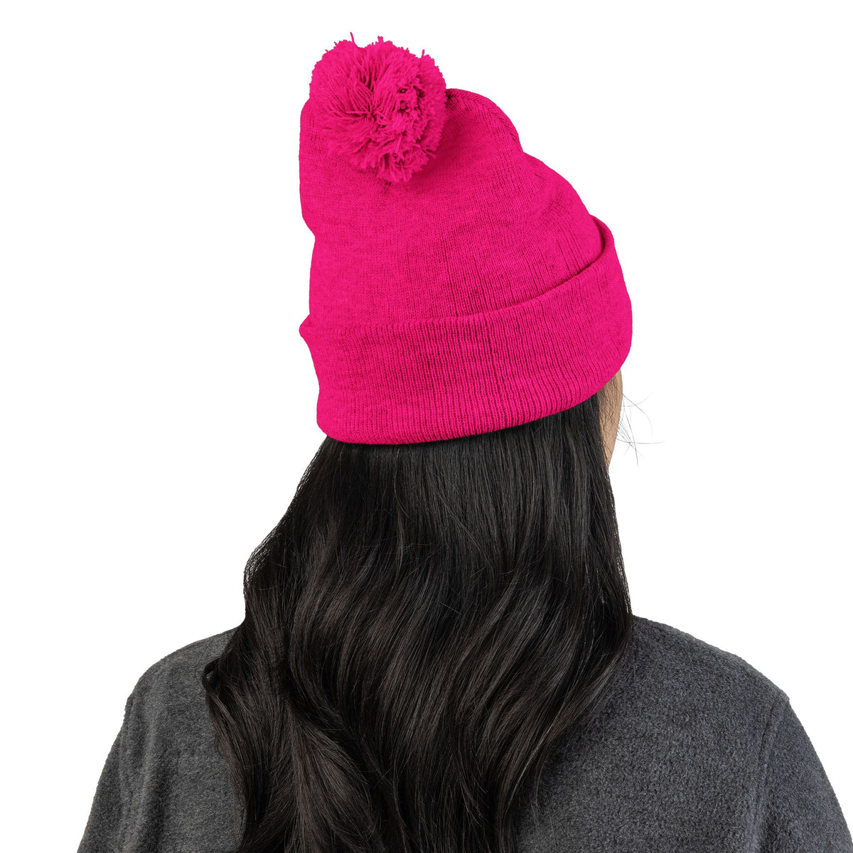 Embroidered Pom-Pom Knit Beanie — Gray Winter Hat with Subtle Wave Stitch