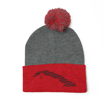Embroidered Pom-Pom Knit Beanie — Gray Winter Hat with Subtle Wave Stitch