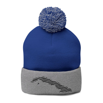 Embroidered Pom-Pom Knit Beanie — Gray Winter Hat with Subtle Wave Stitch