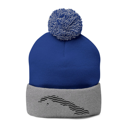 Embroidered Pom-Pom Knit Beanie — Gray Winter Hat with Subtle Wave Stitch