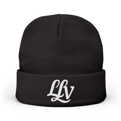 Embroidered LLV Knit Beanie – Cozy Black Cuffed Winter Hat