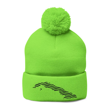 Embroidered Pom-Pom Knit Beanie — Gray Winter Hat with Subtle Wave Stitch