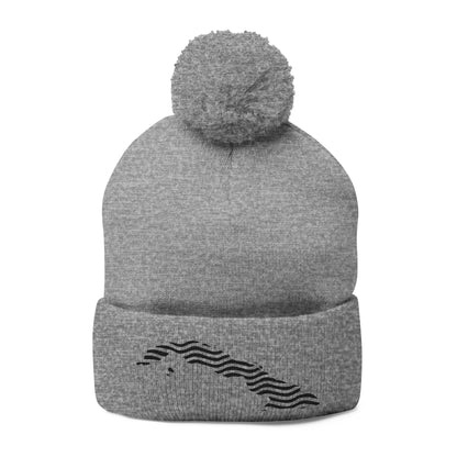 Embroidered Pom-Pom Knit Beanie — Gray Winter Hat with Subtle Wave Stitch
