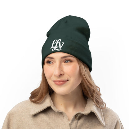 Embroidered LLV Knit Beanie – Cozy Black Cuffed Winter Hat