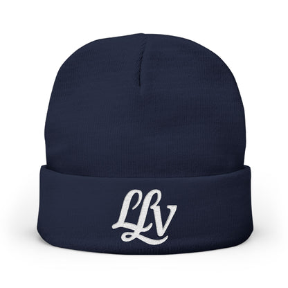 Embroidered LLV Knit Beanie – Cozy Black Cuffed Winter Hat