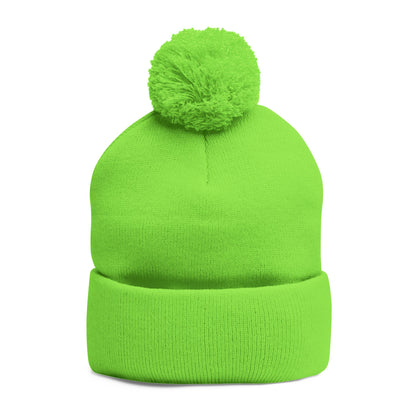 Embroidered Pom-Pom Knit Beanie — Gray Winter Hat with Subtle Wave Stitch
