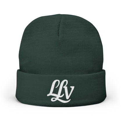 Embroidered LLV Knit Beanie – Cozy Black Cuffed Winter Hat