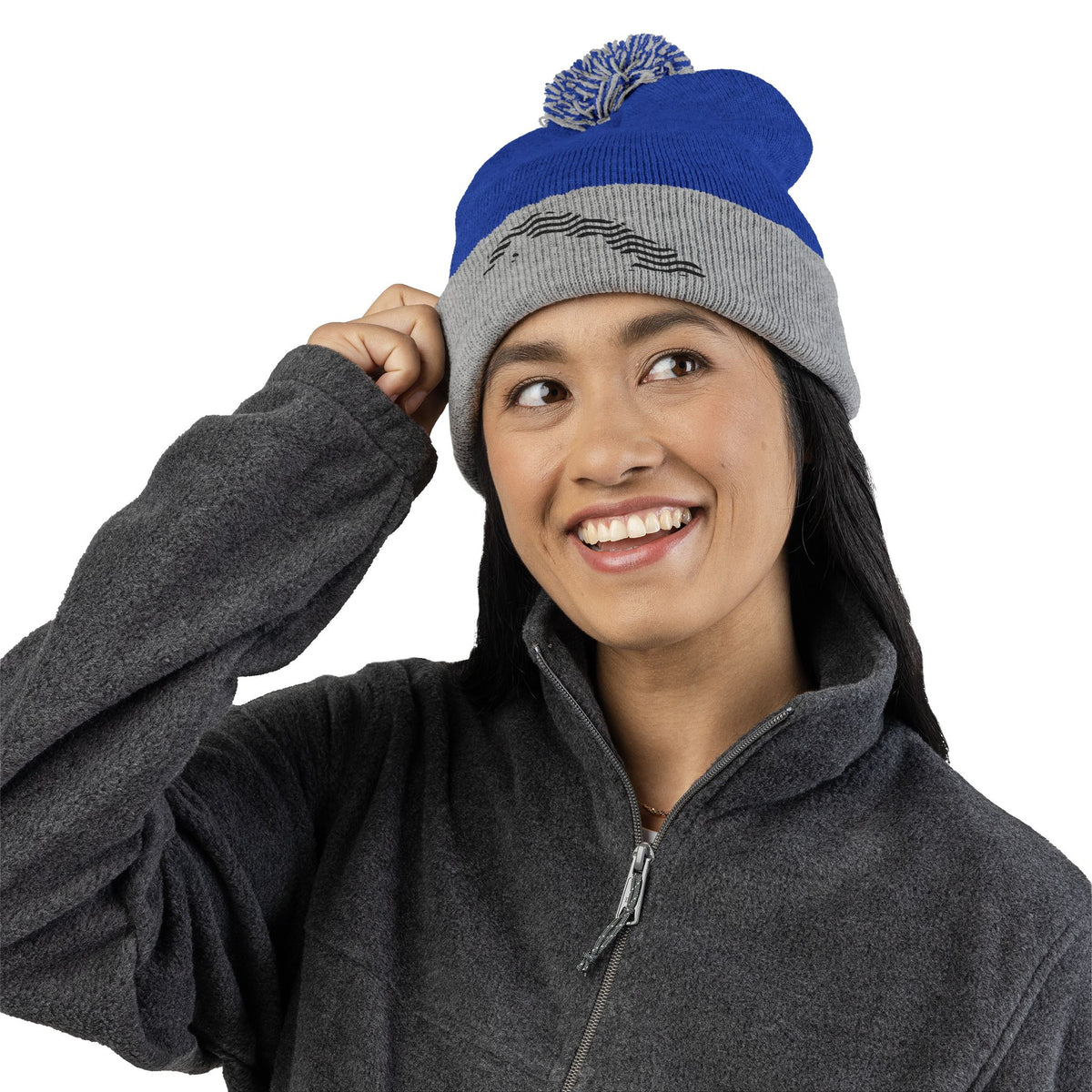 Embroidered Pom-Pom Knit Beanie — Gray Winter Hat with Subtle Wave Stitch
