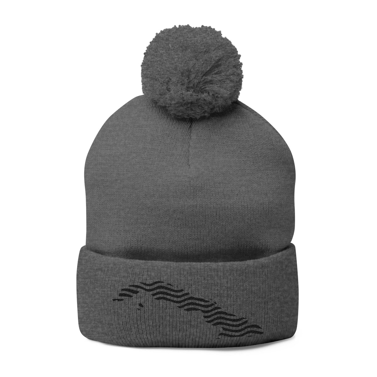 Embroidered Pom-Pom Knit Beanie — Gray Winter Hat with Subtle Wave Stitch