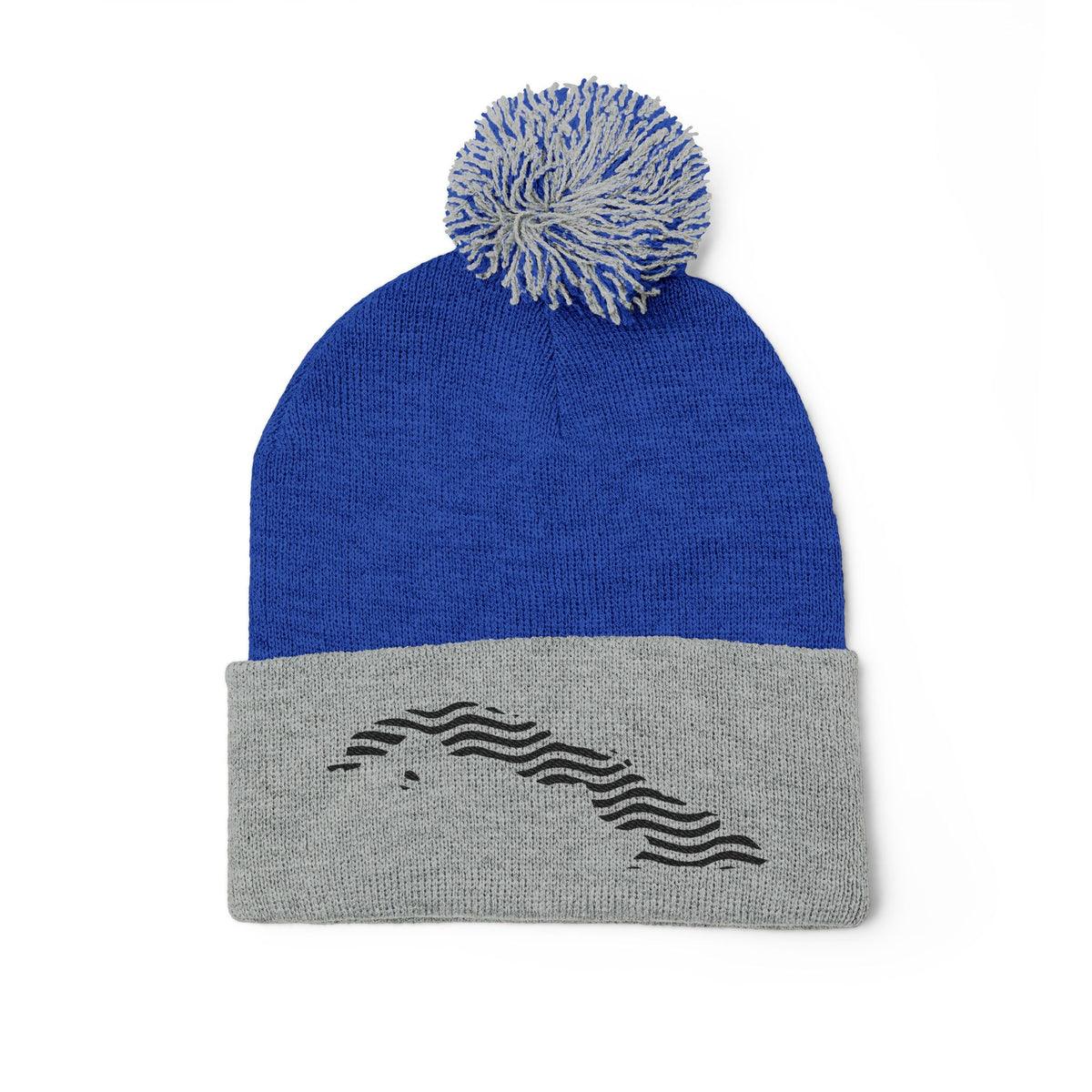 Embroidered Pom-Pom Knit Beanie — Gray Winter Hat with Subtle Wave Stitch