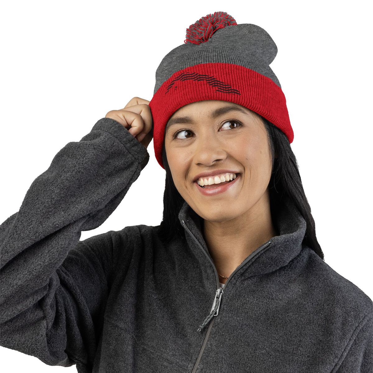 Embroidered Pom-Pom Knit Beanie — Gray Winter Hat with Subtle Wave Stitch