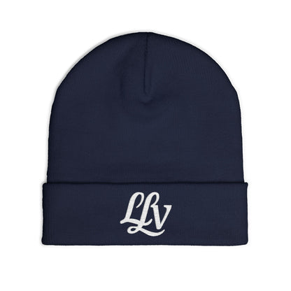 Embroidered LLV Knit Beanie – Cozy Black Cuffed Winter Hat